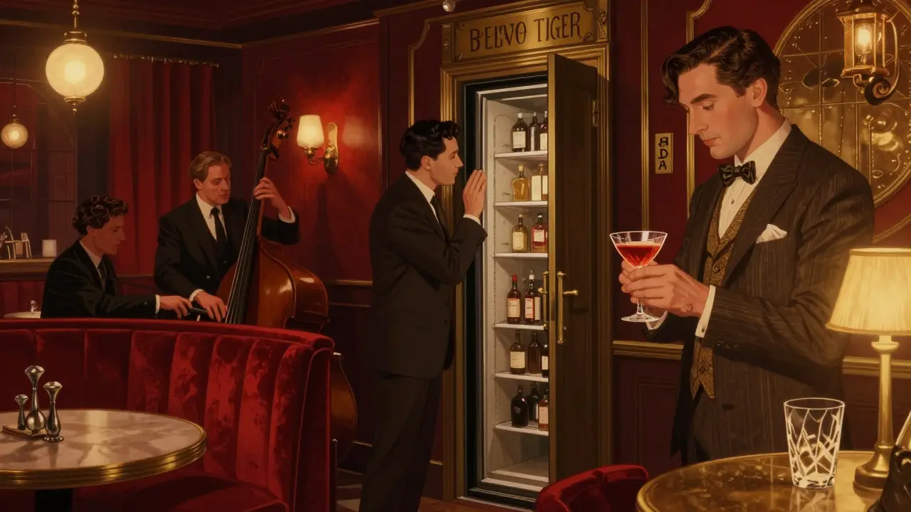 A hidden 1920s speakeasy with velvet booths, brass details, and a jazz band playing in dim, moody light.