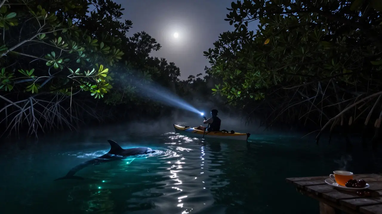 A kayaker gliding through glowing water in mangroves under moonlight, with a dolphin nearby.