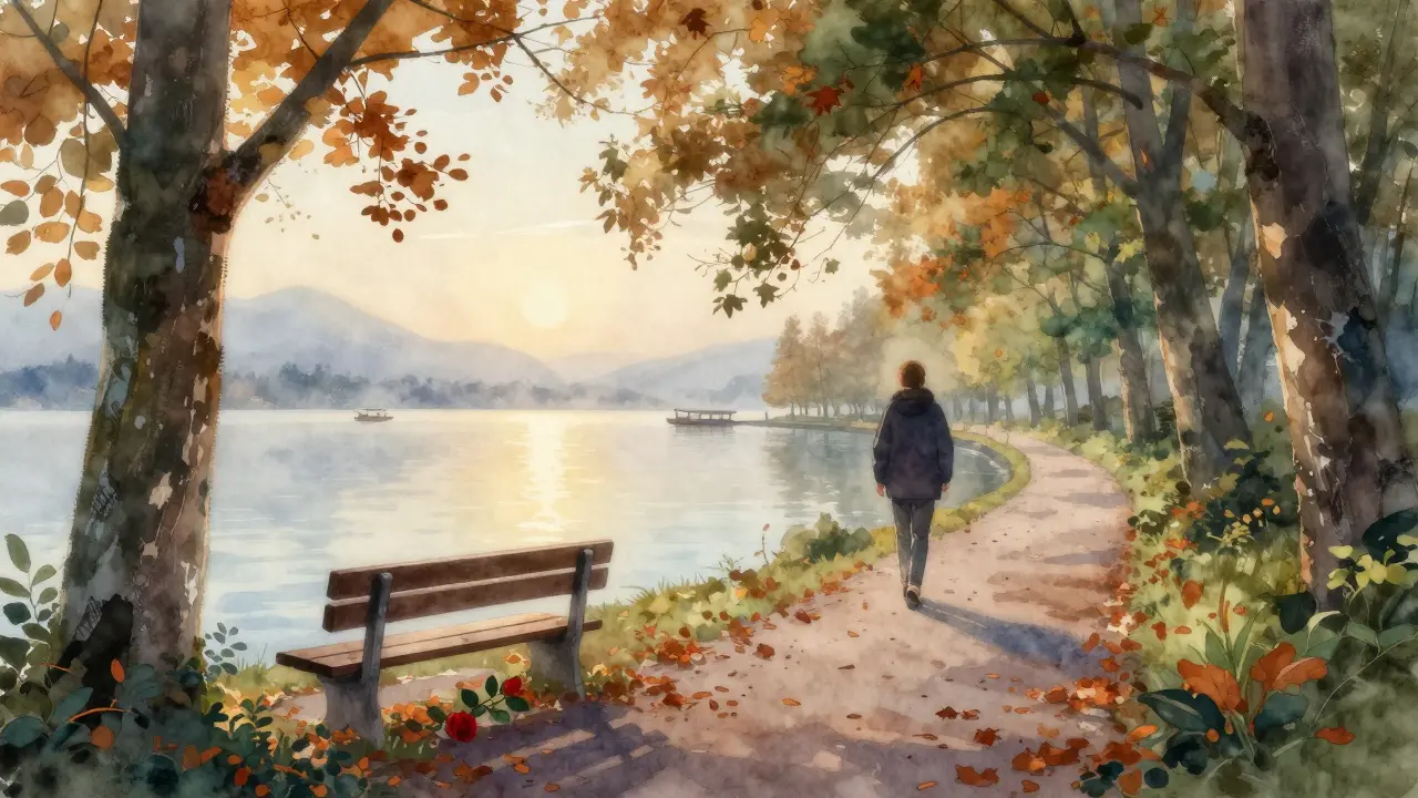 A lone walker pauses by a lakeside bench at Wannsee, a single red rose resting on the wood as mist rises over the water.