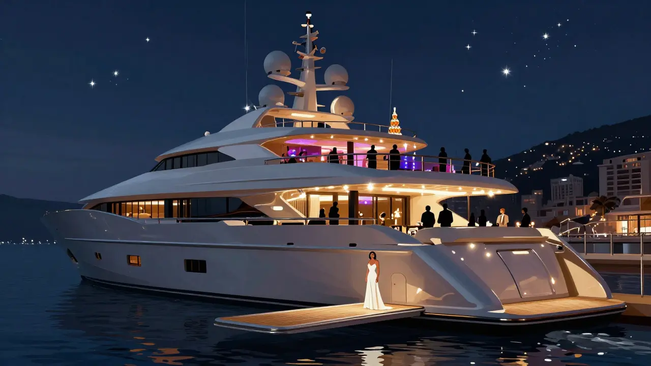 A luxurious superyacht at night with glowing windows and a woman in white greeting guests on the deck under starlit skies.