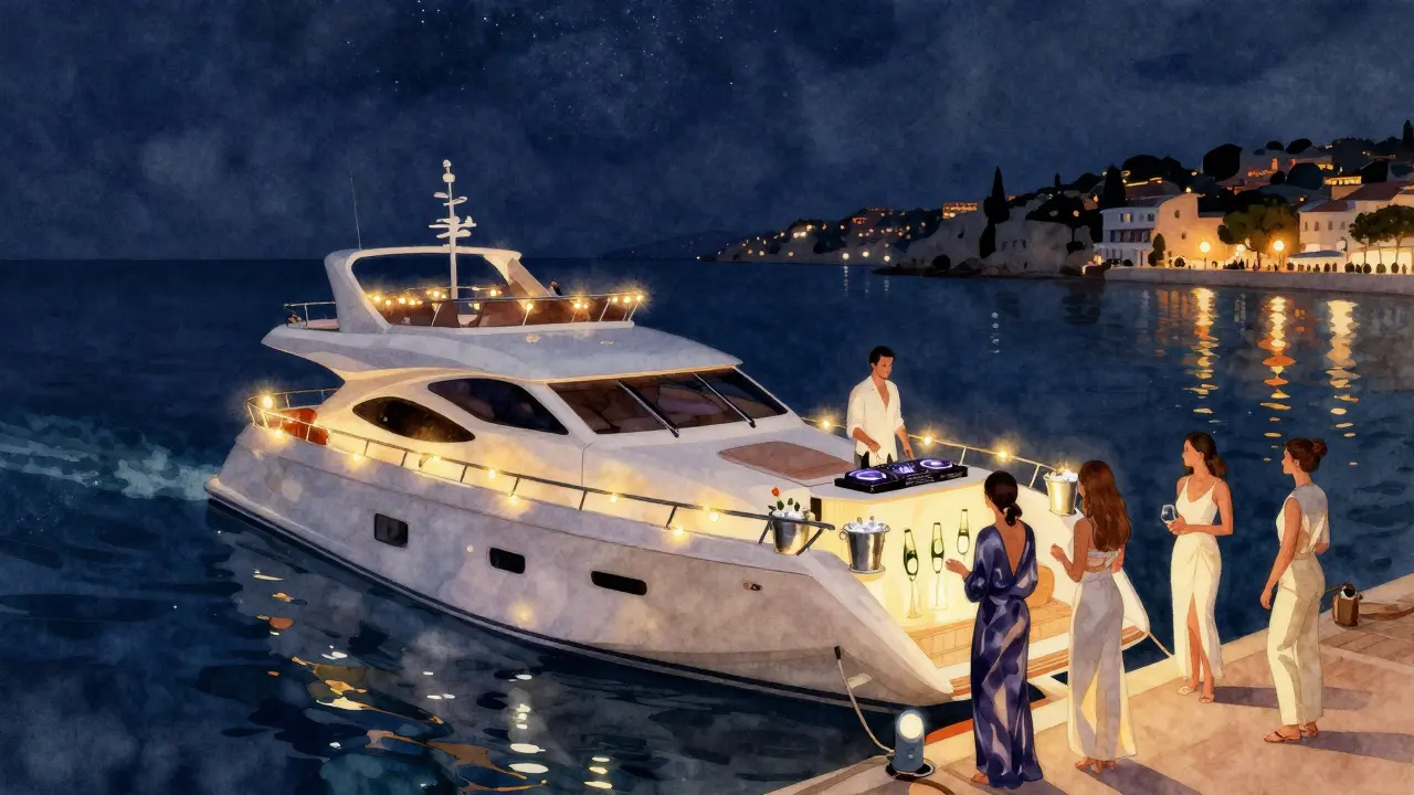 A luxury yacht at Port Hercules glows with soft lights as guests mingle under the stars, no visible logos or casual wear.