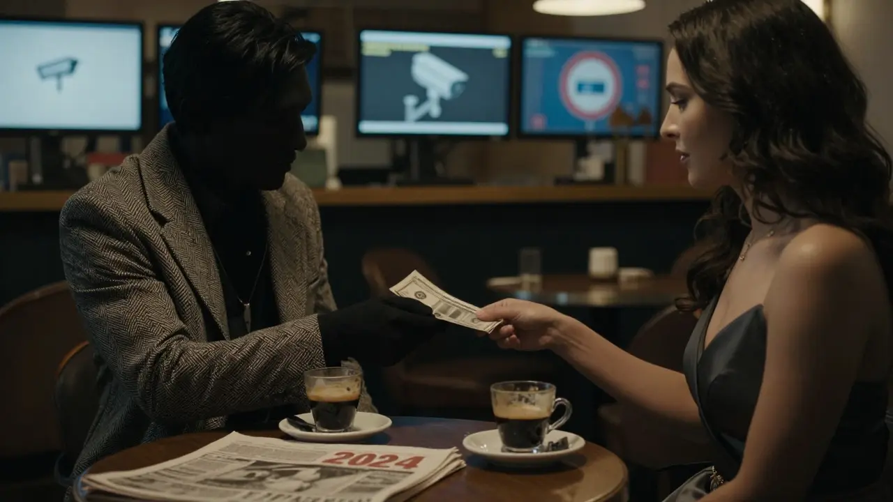 A man and woman exchange cash in a quiet café, shadows and security cameras hinting at hidden danger.