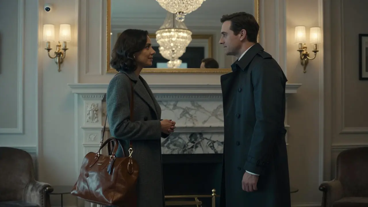 A man and woman meeting discreetly in a luxury Mayfair hotel lobby.