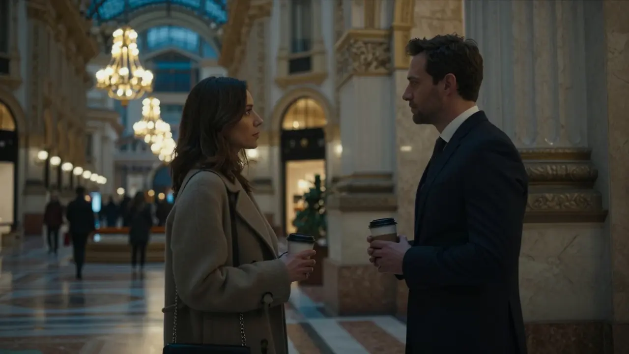 A man and woman meeting respectfully in a luxury Milan hotel lobby at twilight.