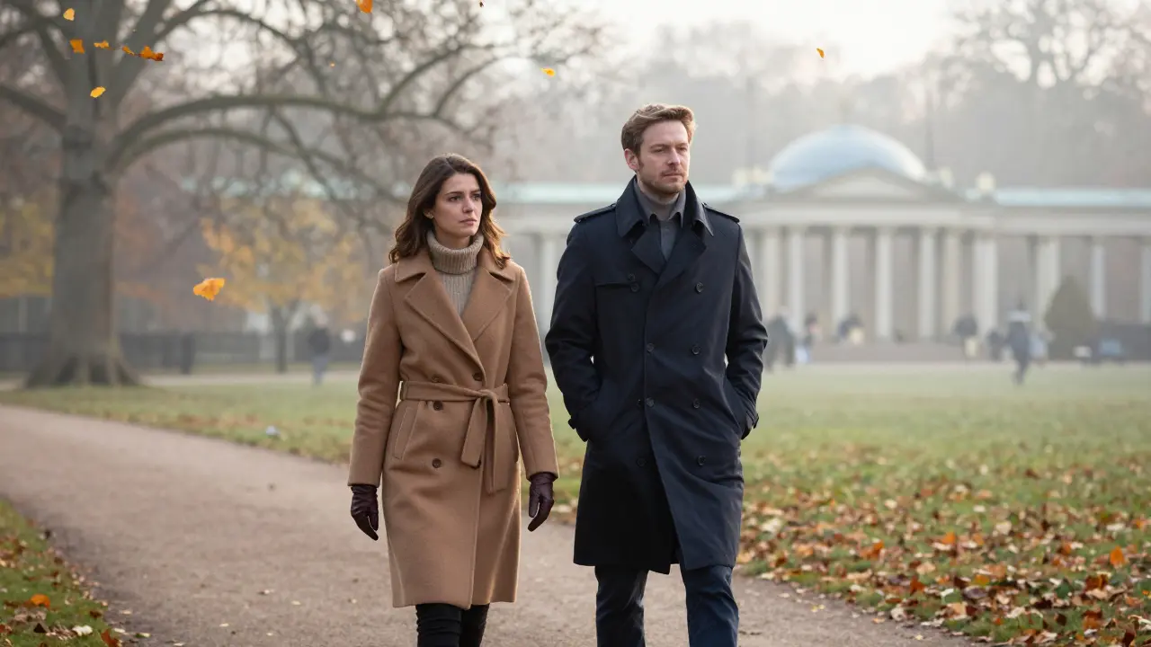 A peaceful morning walk in Hyde Park, two figures strolling together under falling autumn leaves.