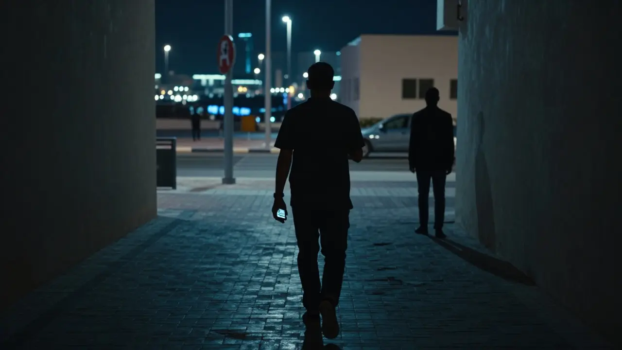 A person walking away from a suspicious figure toward a well-lit street at night.