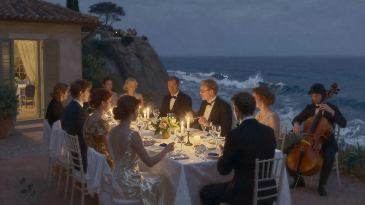 A private cliffside dinner under candlelight, with a string quartet and ocean views.