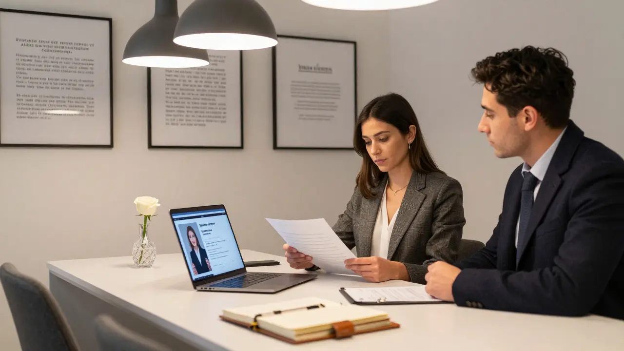 A professional escort agency office in Brera with a laptop, logbook, and rose on a minimalist desk.
