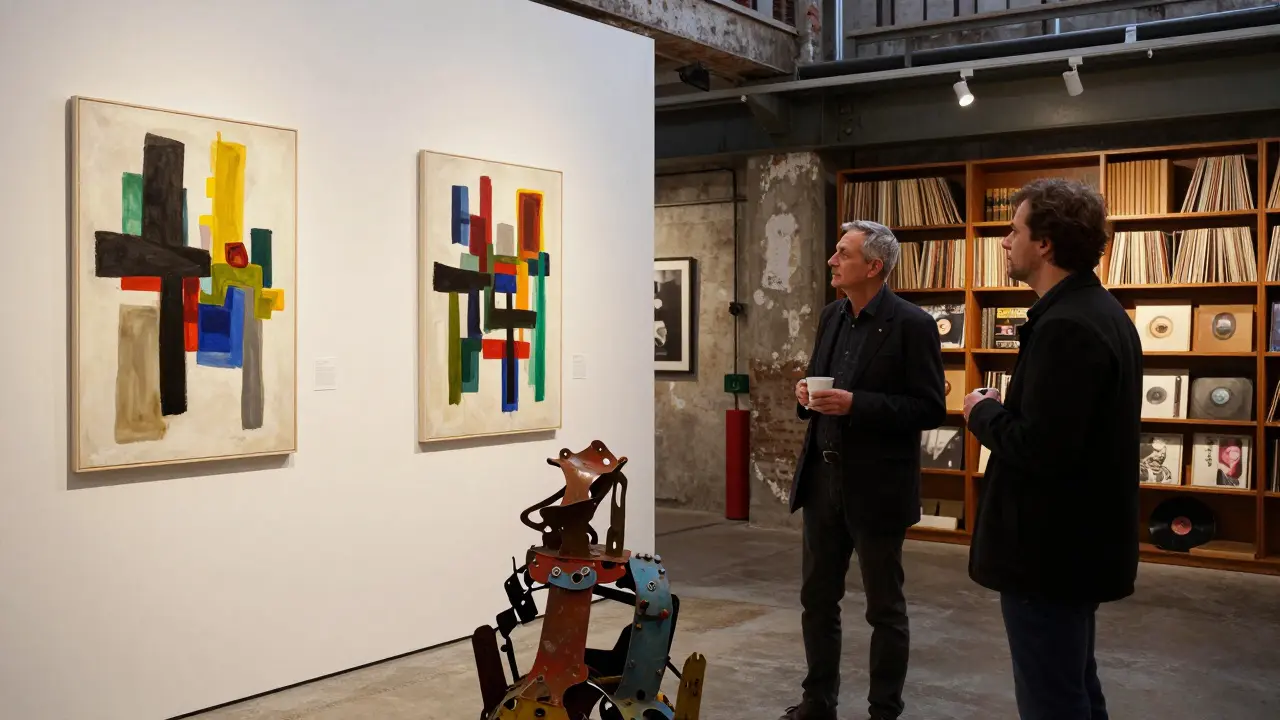 A quiet moment viewing modern art in a converted industrial space, surrounded by sculptures and books.