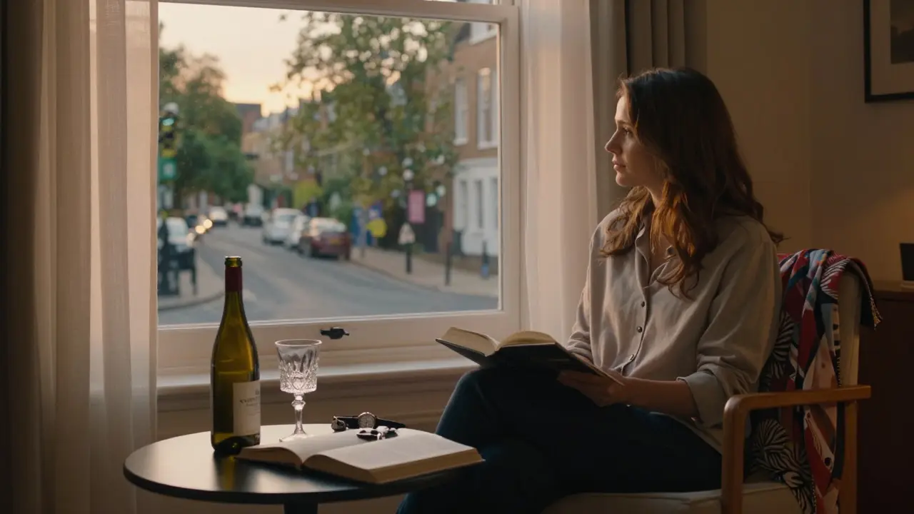 A quiet, tastefully arranged apartment in Notting Hill at dusk.