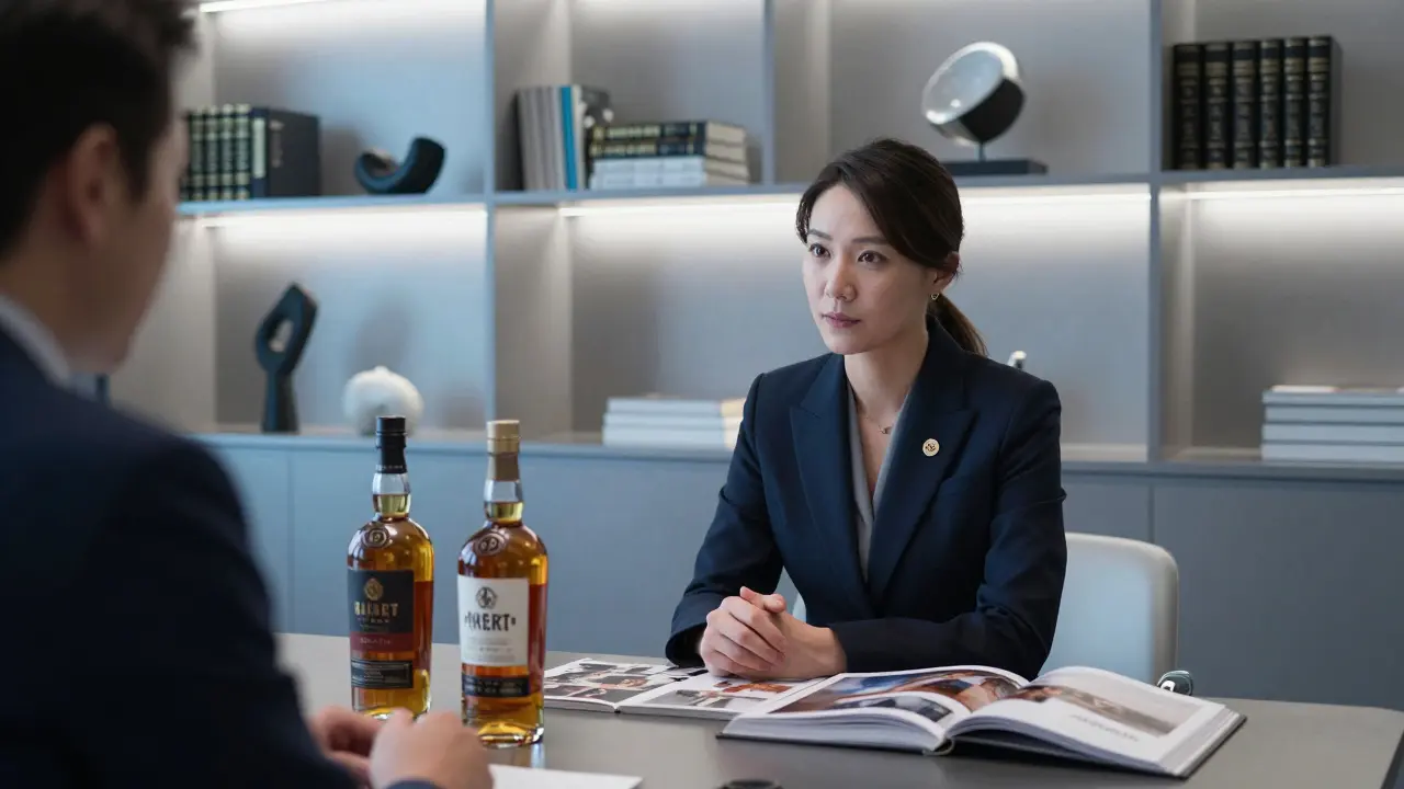 A refined Mayfair lounge where a highly educated woman converses with a client over whiskey and art catalogs.