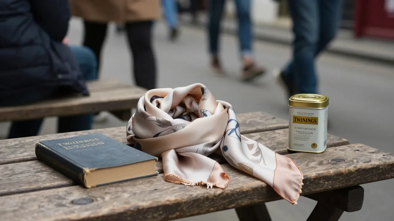 A silk scarf folded on a Camden market bench beside a book and tin of English tea.