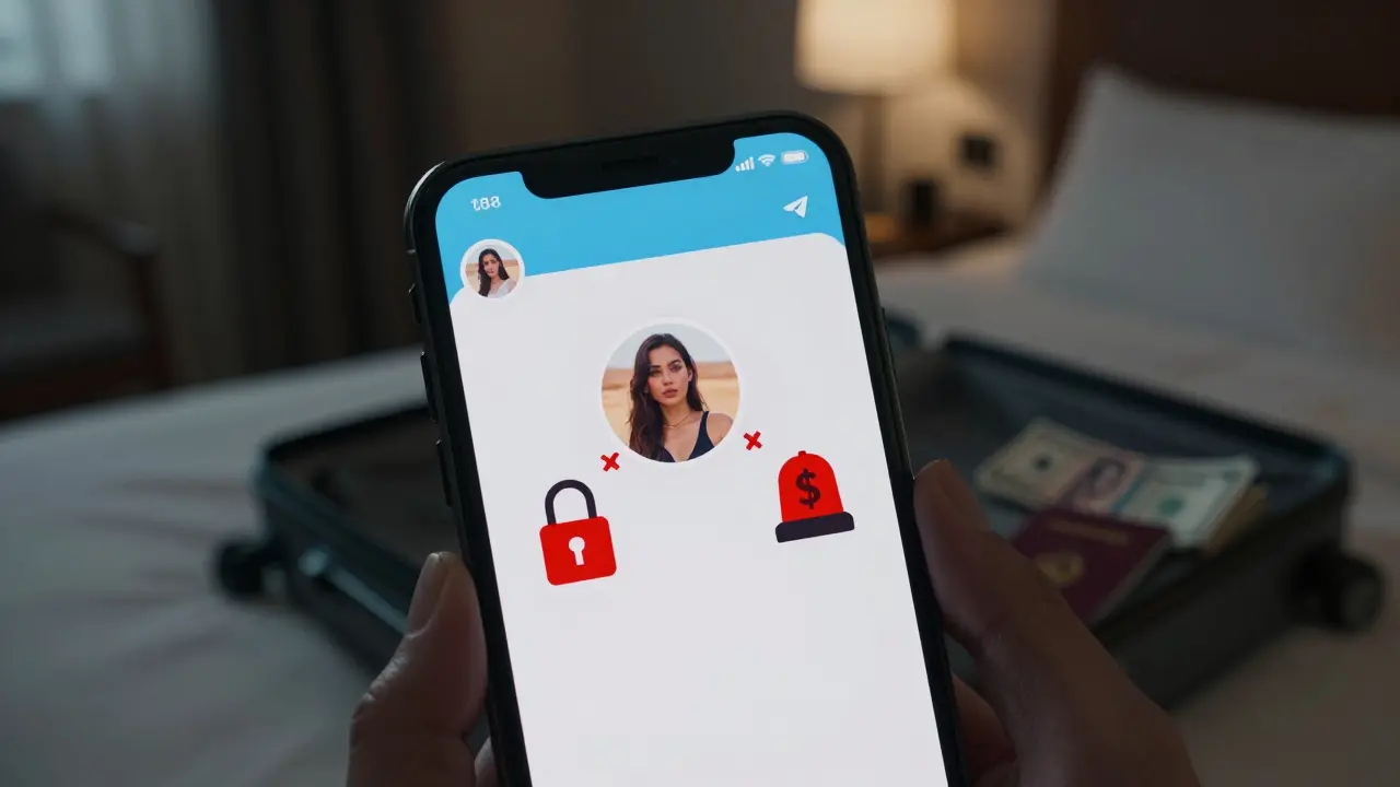 A smartphone screen showing a Telegram chat with warning symbols over a hotel room scene.