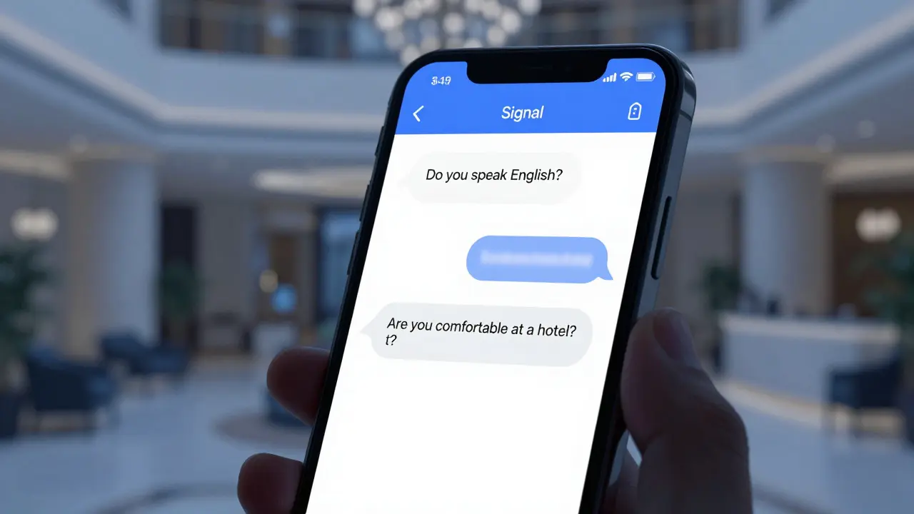 A smartphone screen showing encrypted messages about companionship, with a hotel lobby blurred in the background.