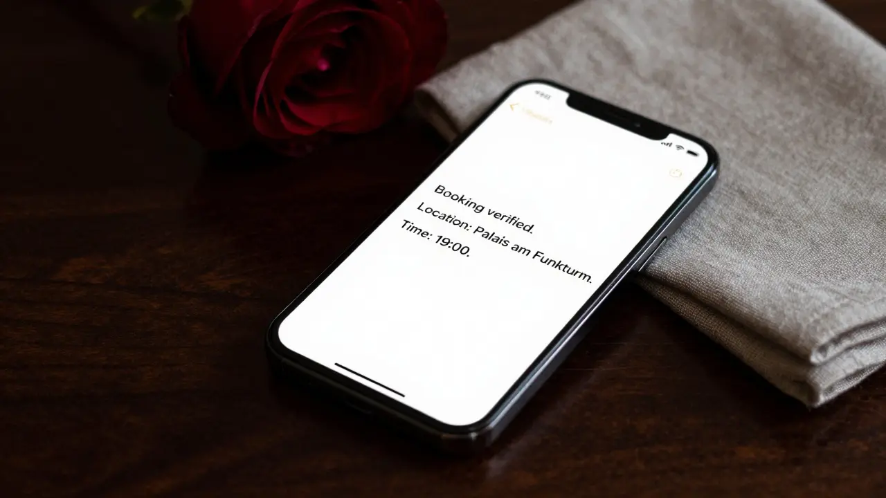 A smartphone showing a verified booking confirmation on a velvet surface beside a folded napkin and a single rose.