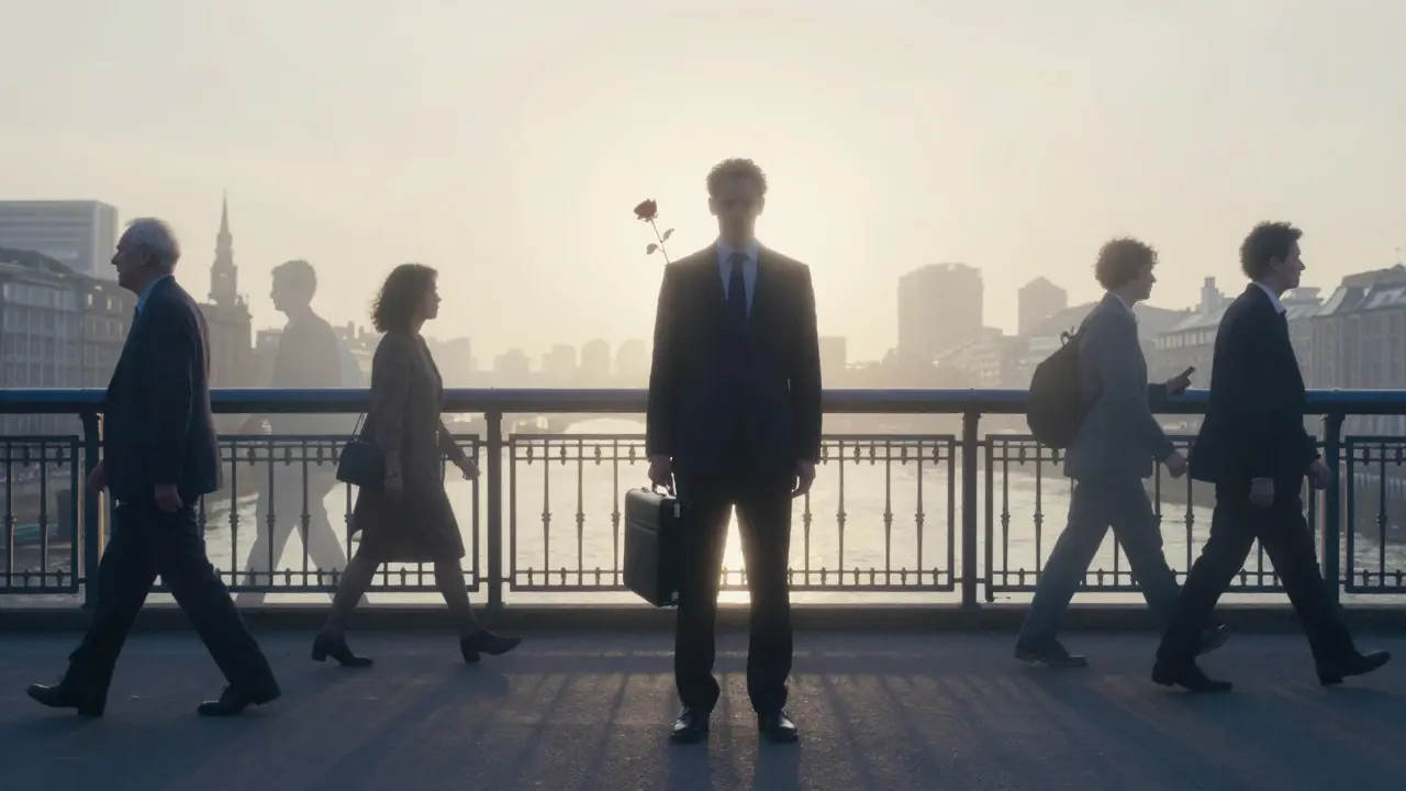 A solitary figure on a London bridge at sunrise, surrounded by invisible companions symbolizing connection.