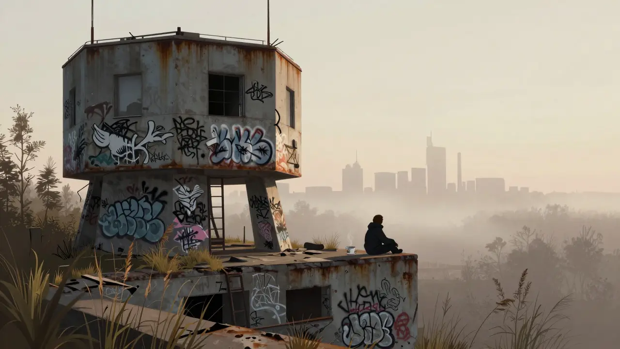 A solitary figure sits atop graffiti-covered ruins at Teufelsberg, overlooking Berlin’s foggy skyline at dawn.