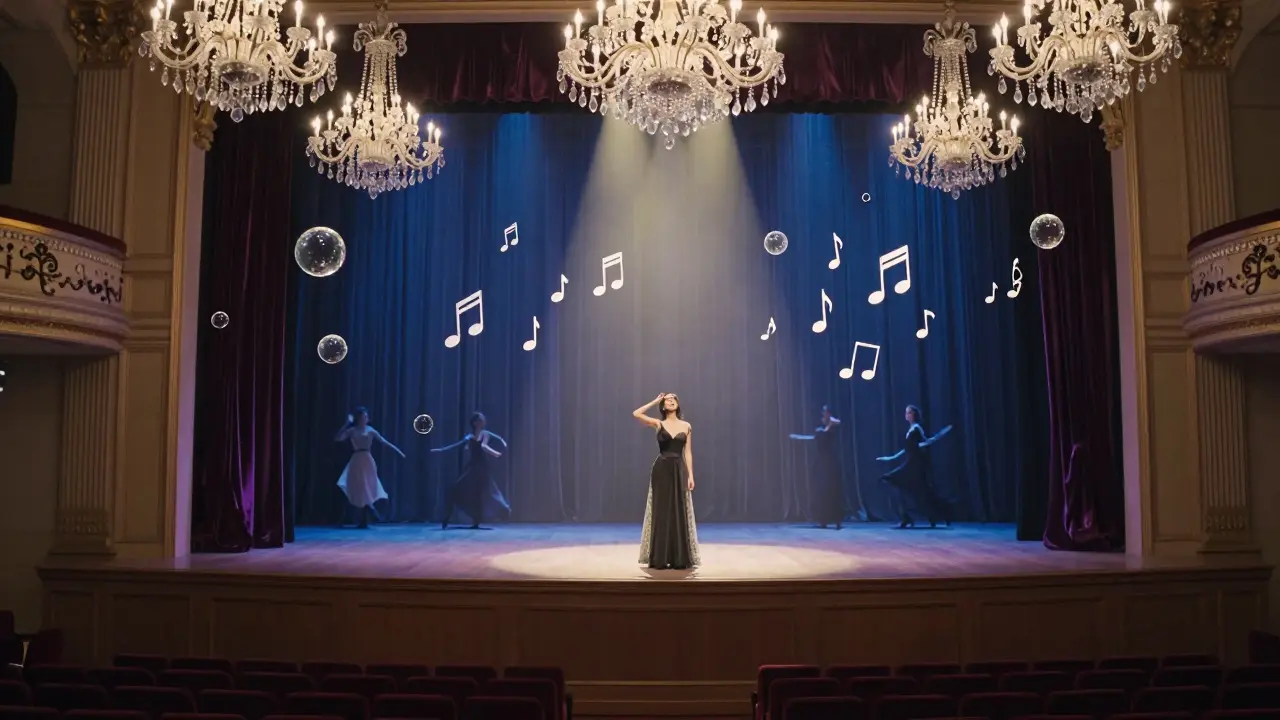 A solitary woman in a grand concert hall surrounded by glowing musical notes and champagne bubbles.