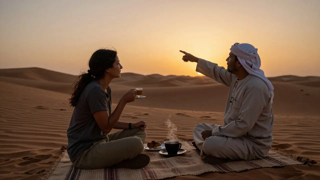 A traveler and local sharing coffee in the desert at sunset, surrounded by sand dunes and twilight.