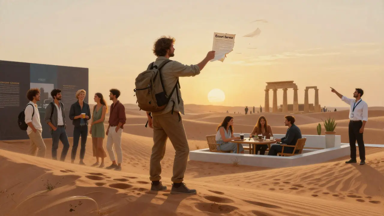 A traveler watches a torn escort contract blow away as legal social activities unfold behind him in the desert dawn.