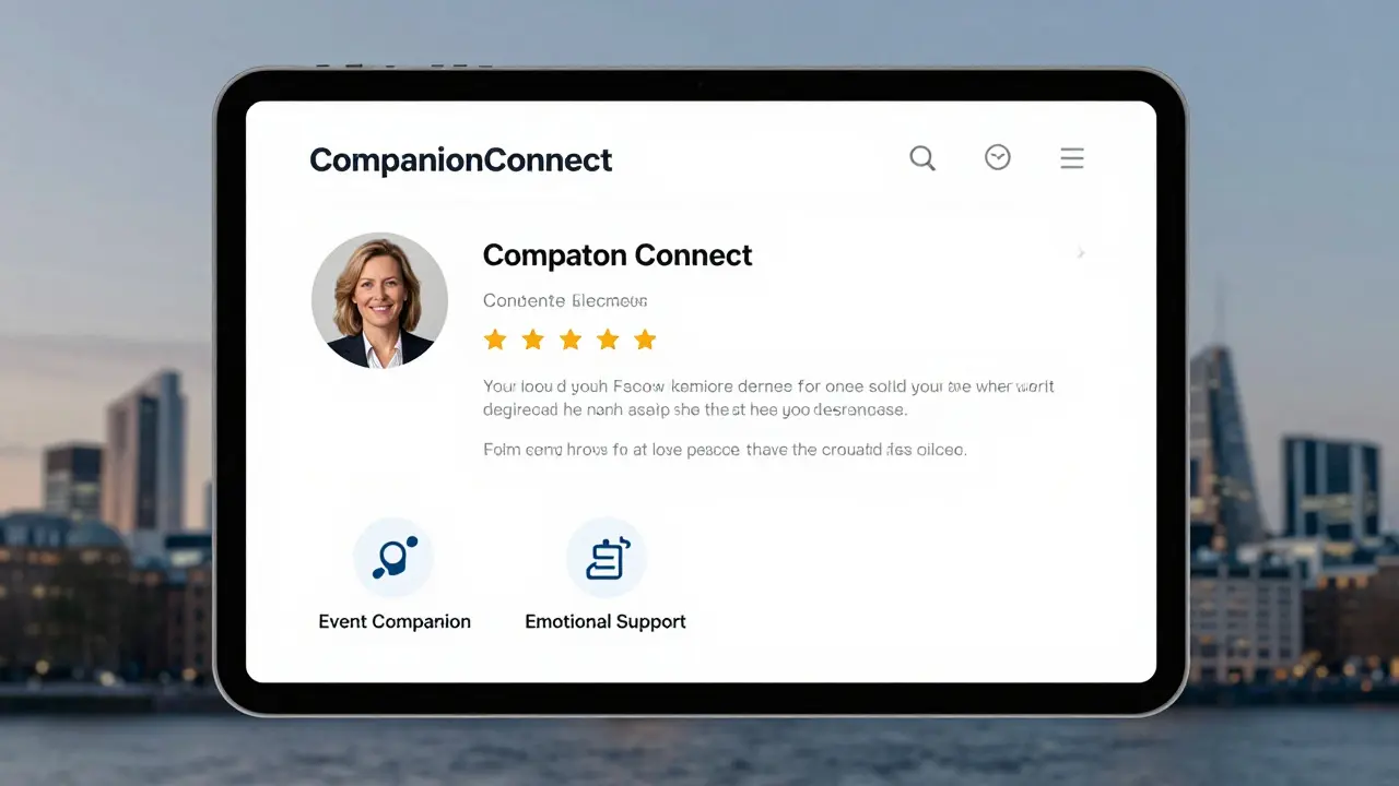 A verified companion profile on a digital platform with service options and client reviews.