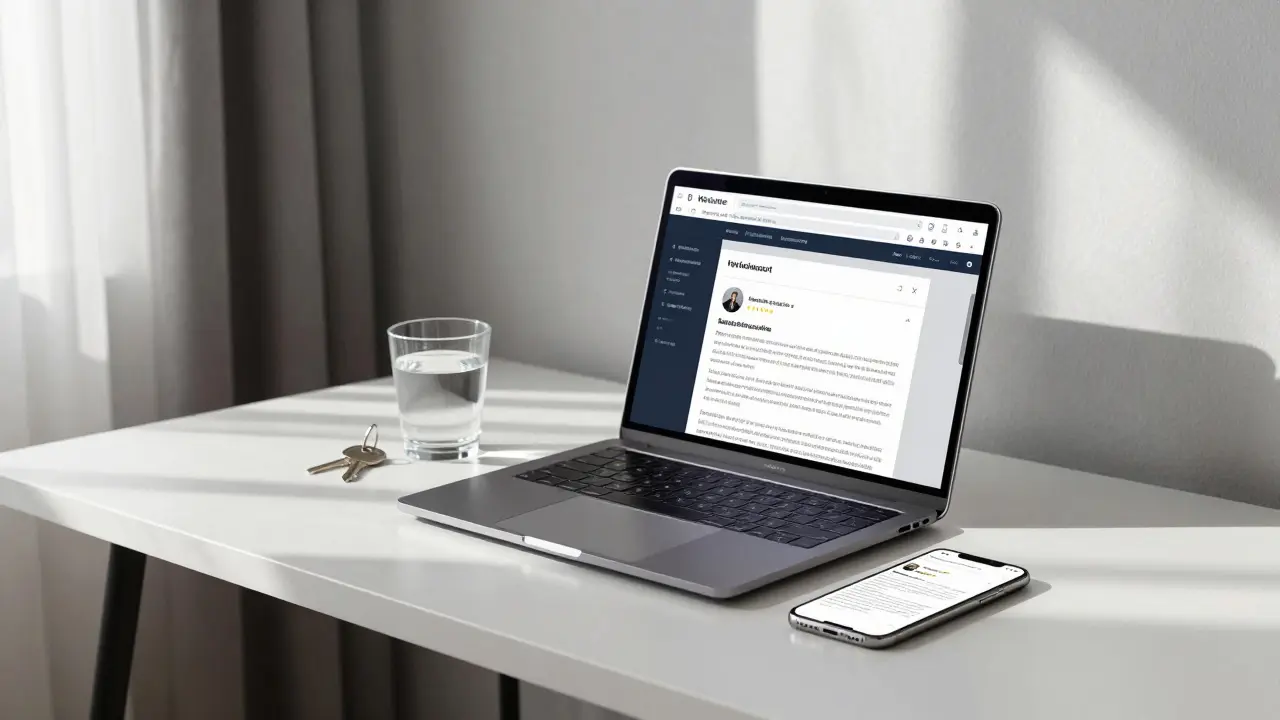 A verified escort profile displayed on a laptop in a modern Berlin apartment.