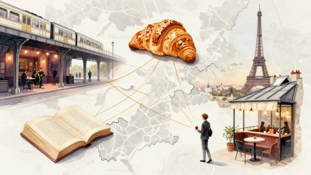 A watercolor map of Paris reveals hidden cultural moments connected by golden threads, centered on a lone figure with coffee.
