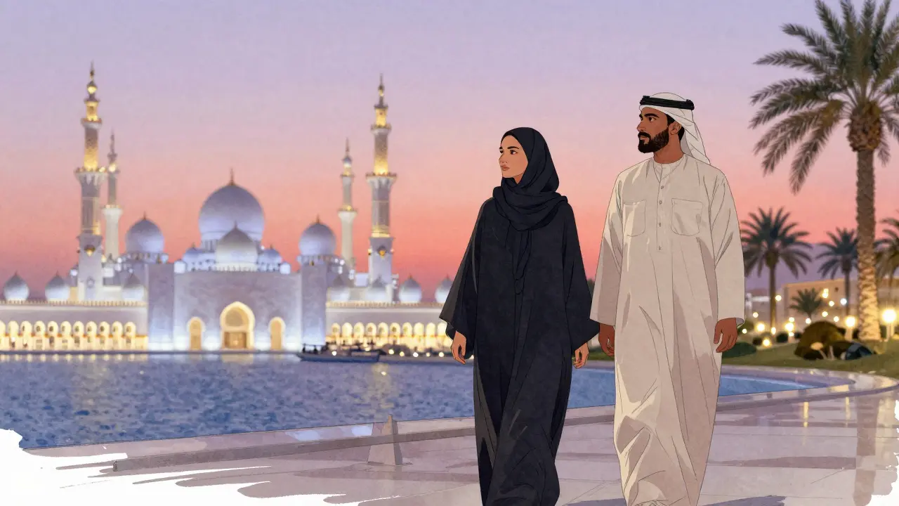 A woman and man walking along the Corniche at sunset, the Grand Mosque visible in the distance.