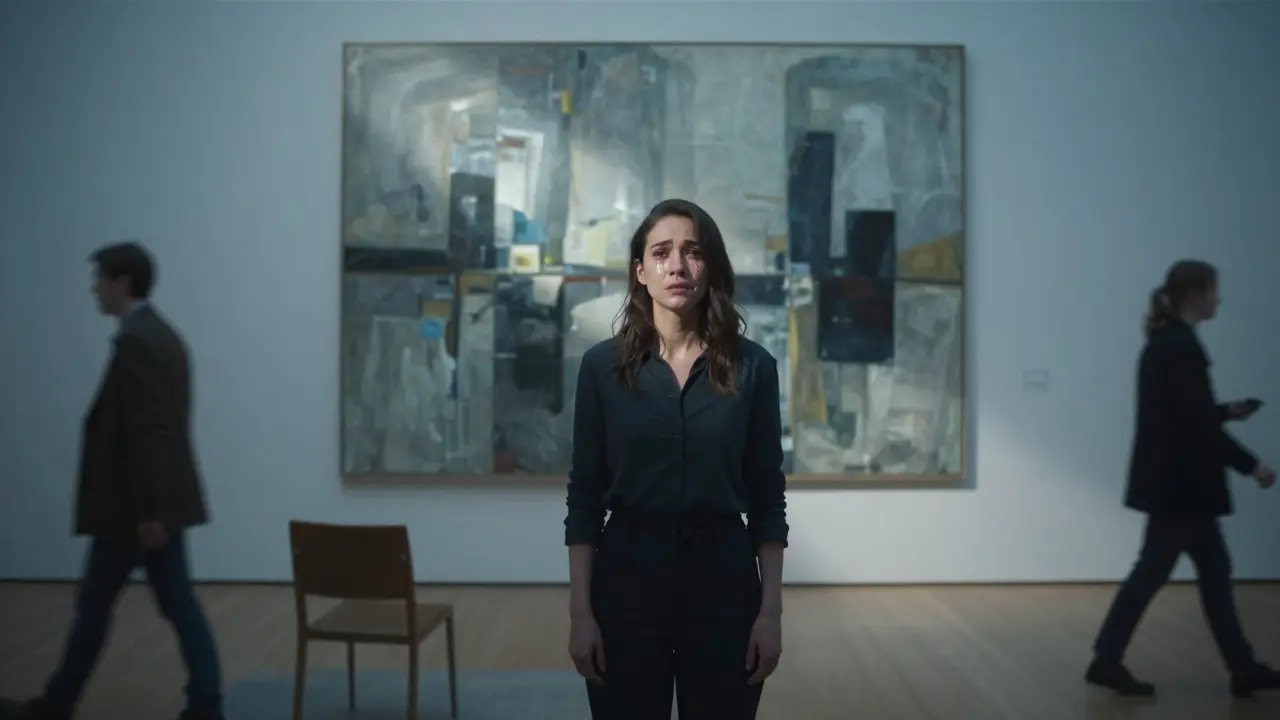 A woman cries in front of a painting at Tate Modern, alone yet not truly alone, bathed in soft gallery light.