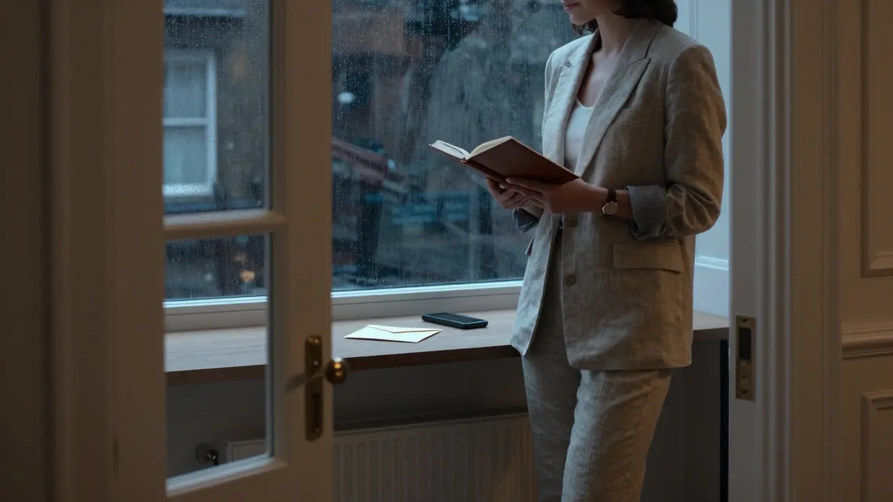 A woman in a tailored suit stands by a rainy window in a minimalist Belgravia apartment.