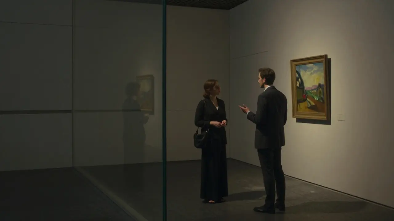A woman listens quietly beside an art installation in Louvre Abu Dhabi, bathed in soft spotlight glow.