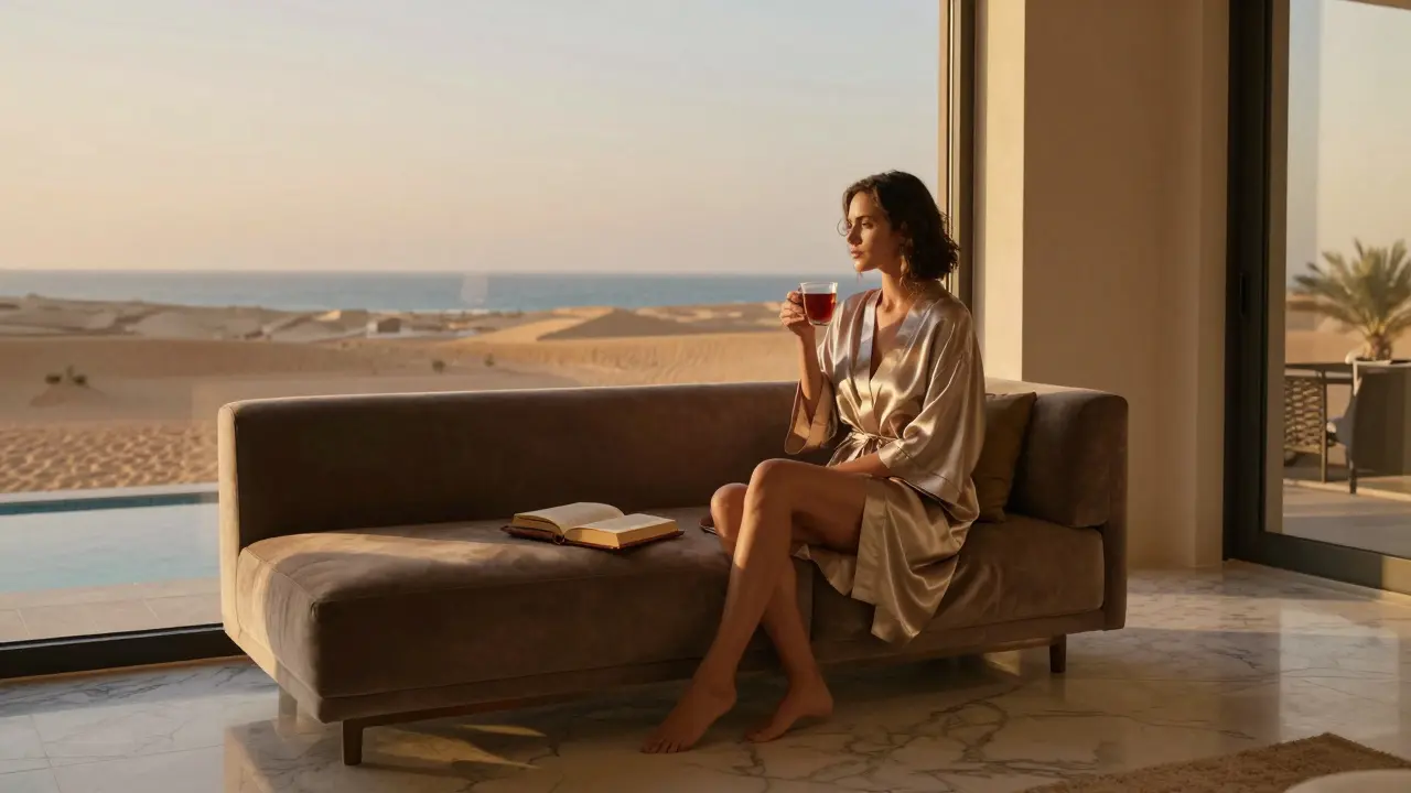 A woman sitting peacefully in a luxurious villa, sipping tea as golden hour illuminates the interior.