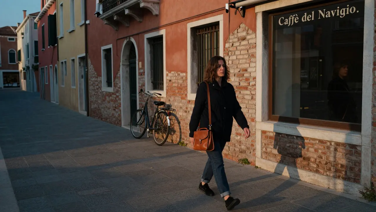 A woman walking through Navigli at sunset, blending into the authentic streetscape of Milan.