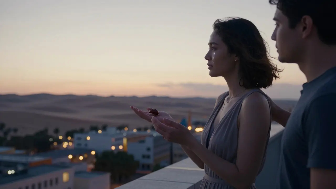 A woman watching the sunset on a rooftop terrace, companion beside her holding a date fruit, emotional moment.