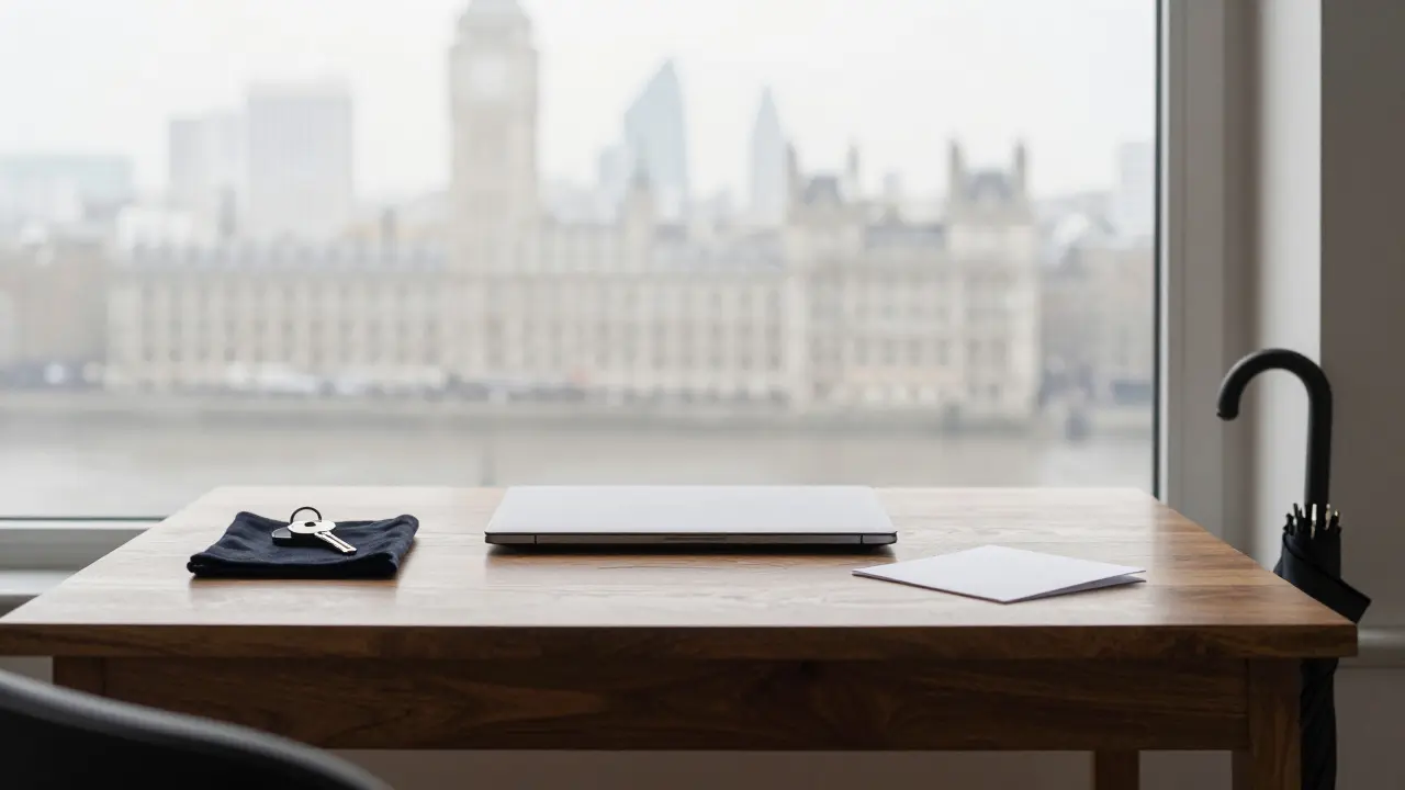 An abstract still life of a key, folded note, and closed laptop symbolizing discretion and silence.