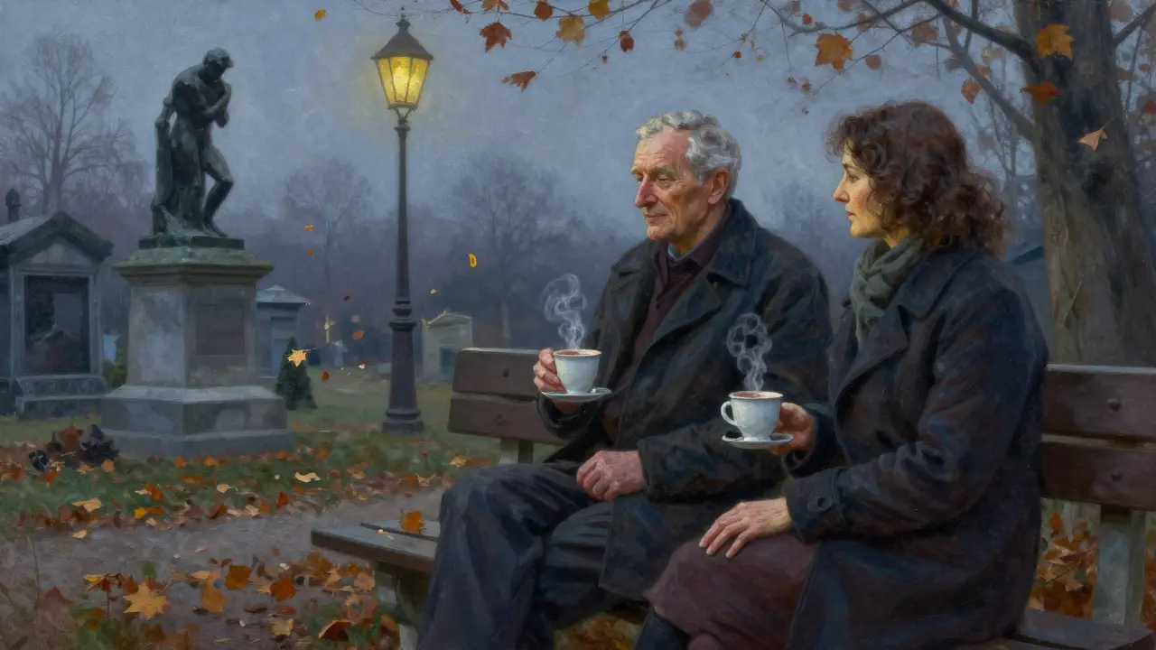 An elderly man and his companion sit quietly on a bench near Montparnasse Cemetery at twilight, sharing hot chocolate in silence.
