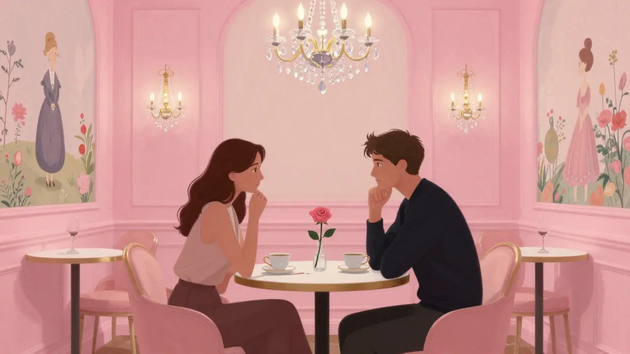 An elegant couple enjoys tea in Sketch&#039;s pink drawing room, surrounded by artistic murals and soft lighting.