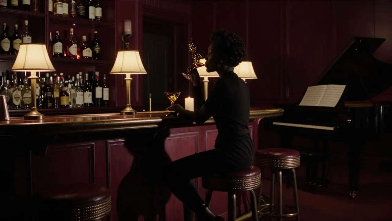 An empty barstool at Le Bar Americain reflects dim lamplight and golden cocktails in a quiet, elegant 1950s-style setting.