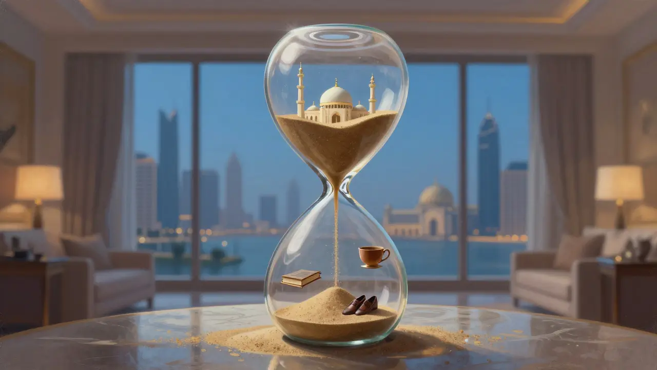 An hourglass filled with cultural symbols representing meaningful companionship in Abu Dhabi.