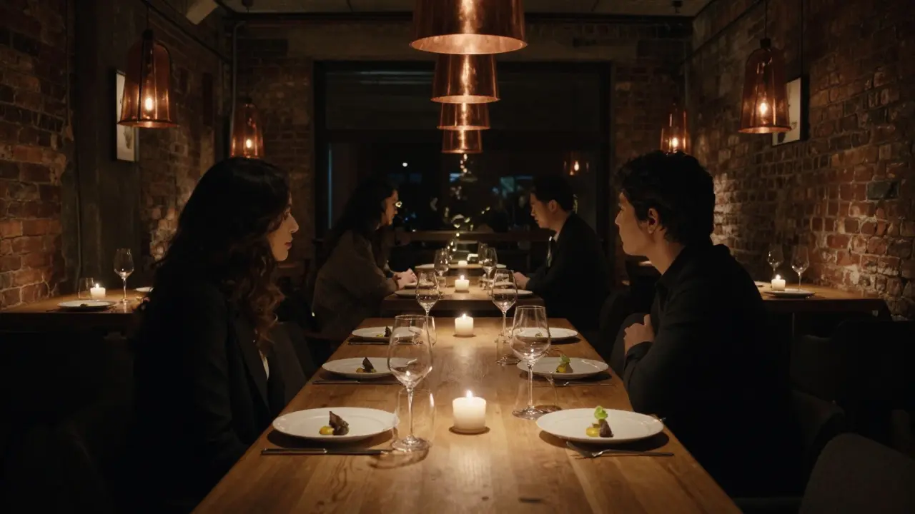 An intimate dinner at a hidden Berlin restaurant with candlelit table and fine cuisine.