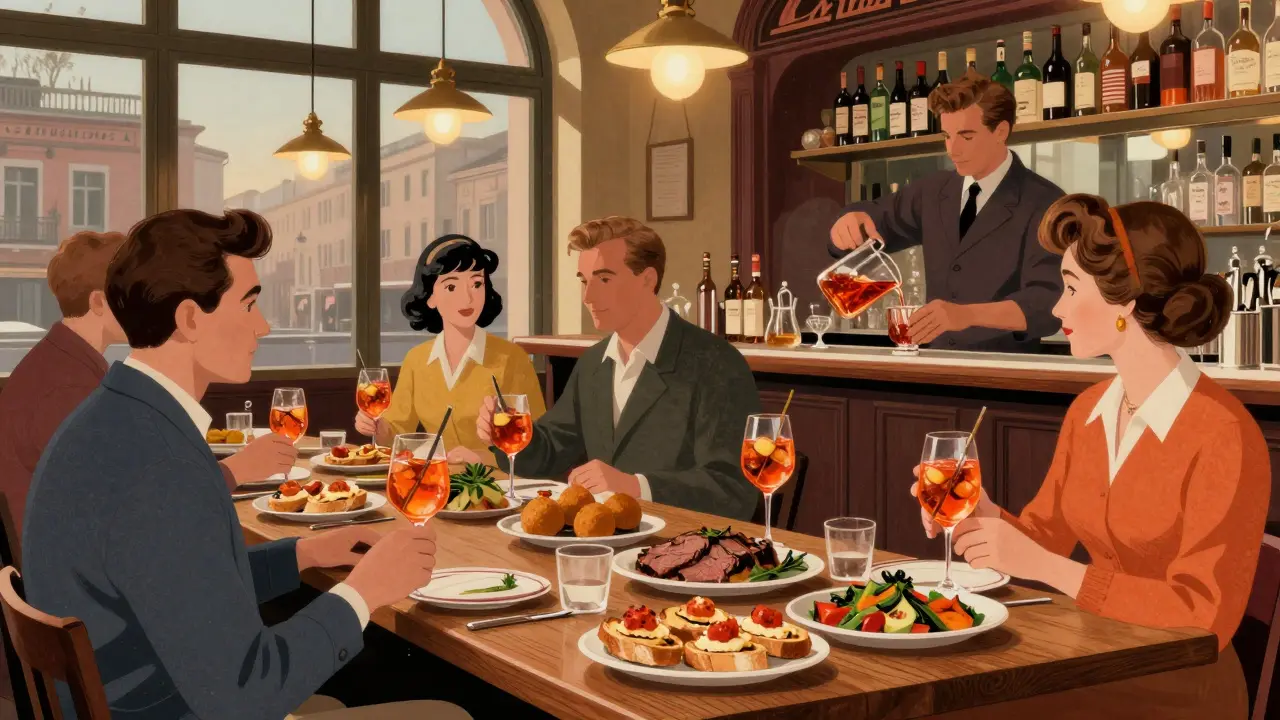 Aperitivo buffet at a 1950s Milanese bar with homemade food and spritz drinks.