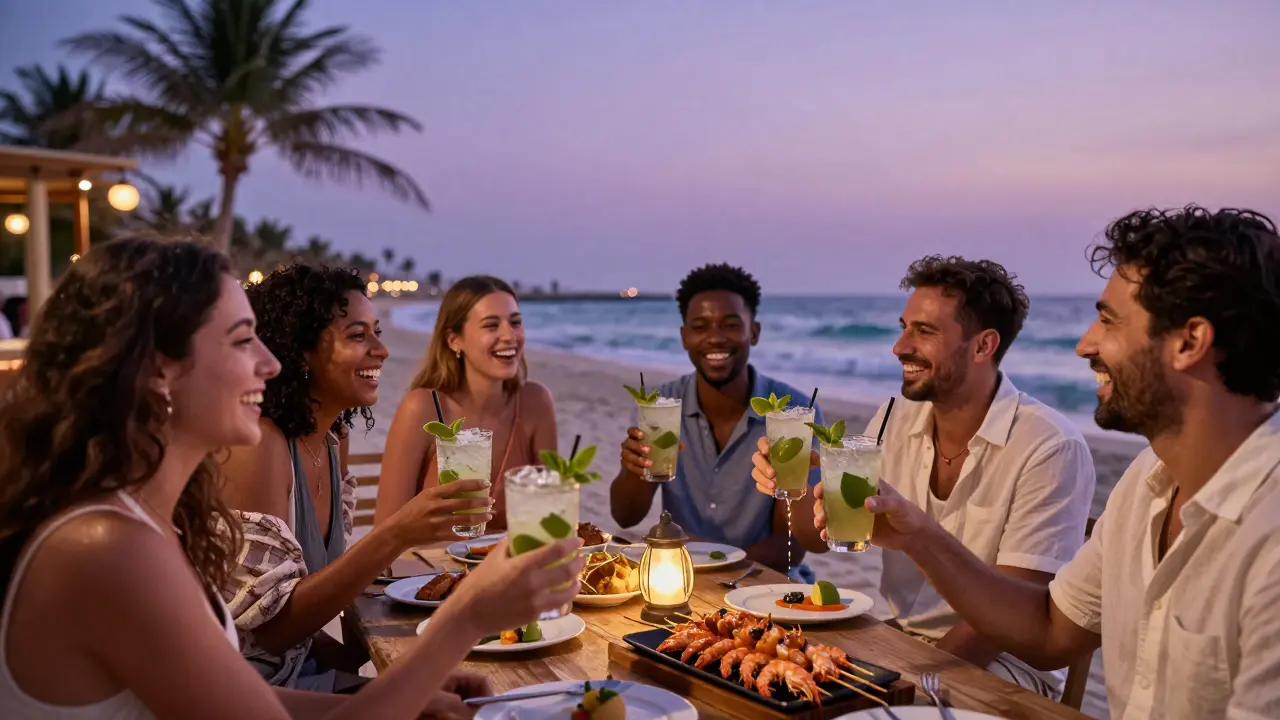 Beachside lounge at dusk with people drinking mojitos and sharing shrimp skewers on sand.