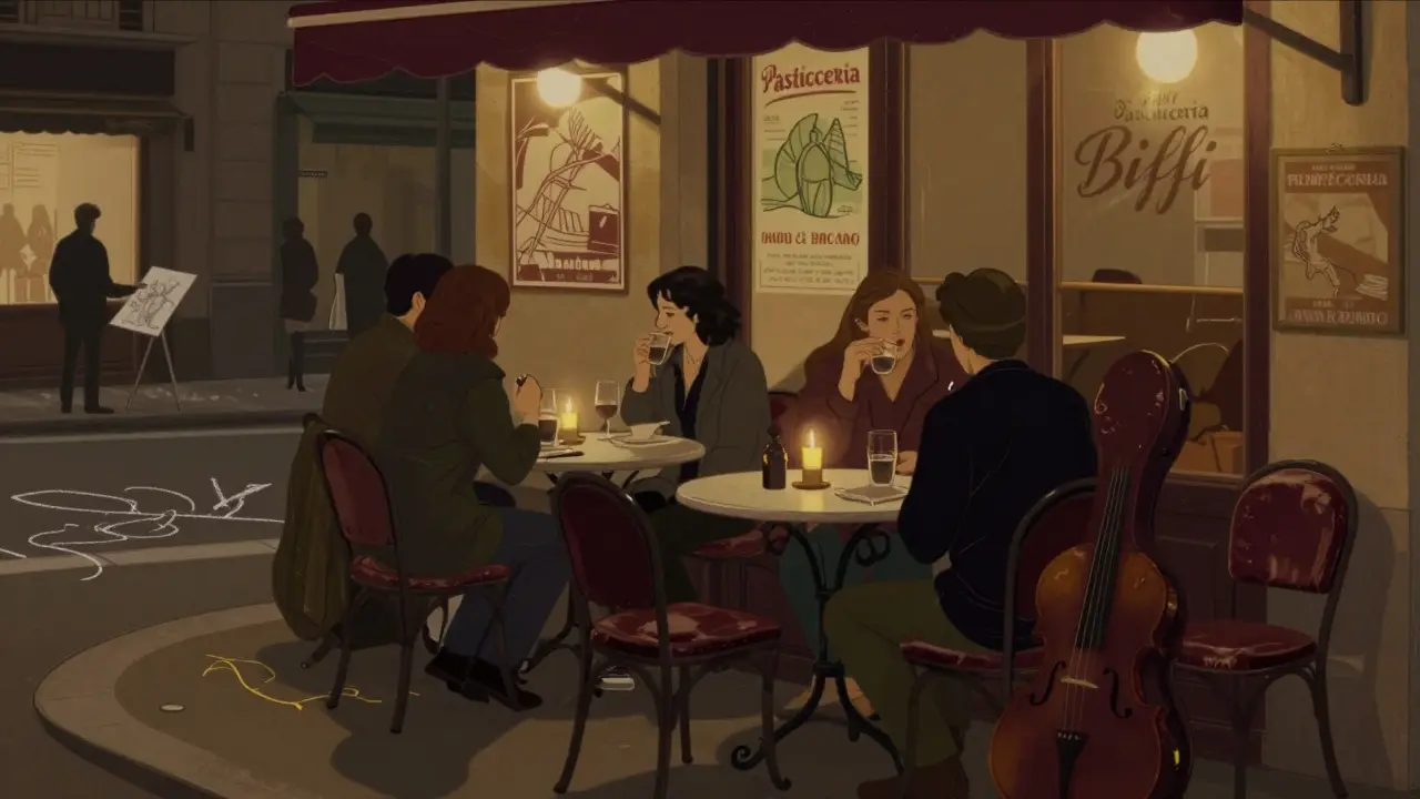 Brera café at dusk, patrons sipping wine, street artists sketching on pavement, warm candlelit ambiance.