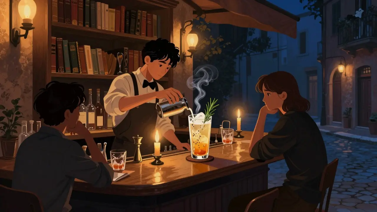Candlelit bar in Brera where a bartender prepares an artisanal cocktail in a quiet, book-lined setting.
