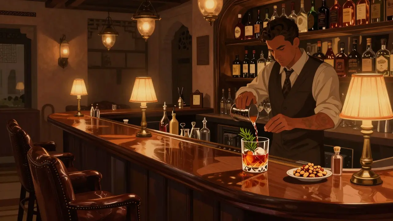 Cozy speakeasy bar with dim lighting, bartender making a classic cocktail, antique bottles on shelves.