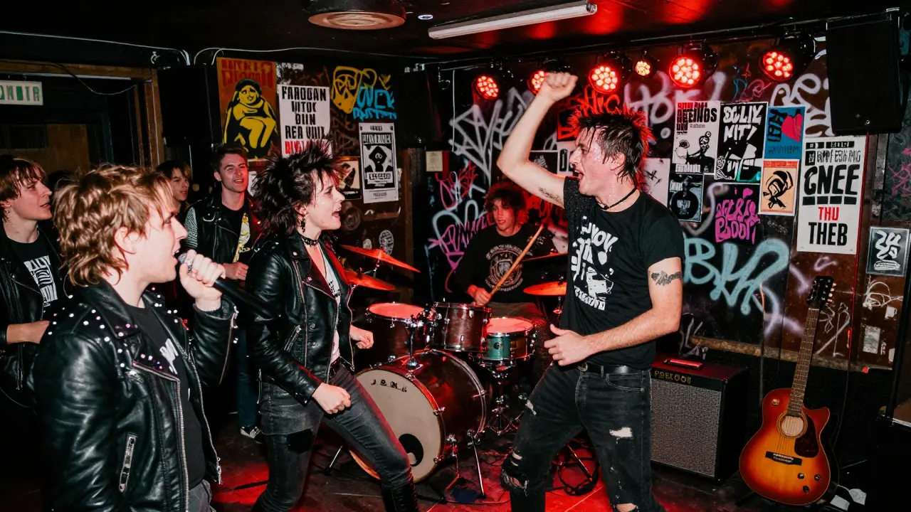 Crowd moshing at a Camden punk concert under red strobe lights with graffiti-covered walls.