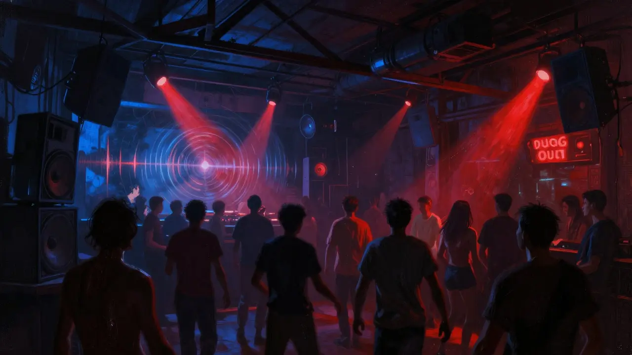 Dark, immersive nightclub interior with pulsing lights and a crowd dancing to deep techno beats.