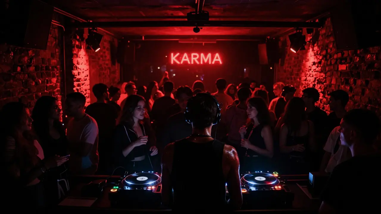 Dark underground club with crowd lost in techno music, exposed brick walls and strobe lighting.