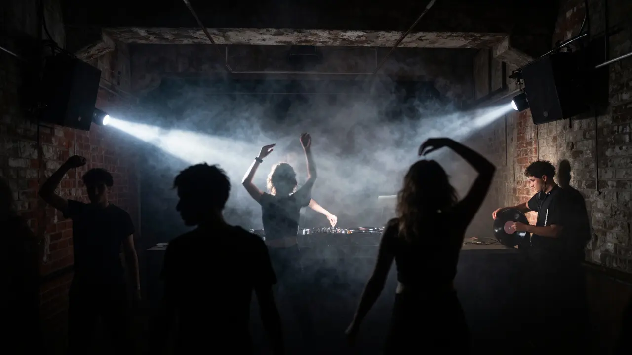 Dark underground club with strobe lights and silhouetted dancers, industrial setting, no visible walls.