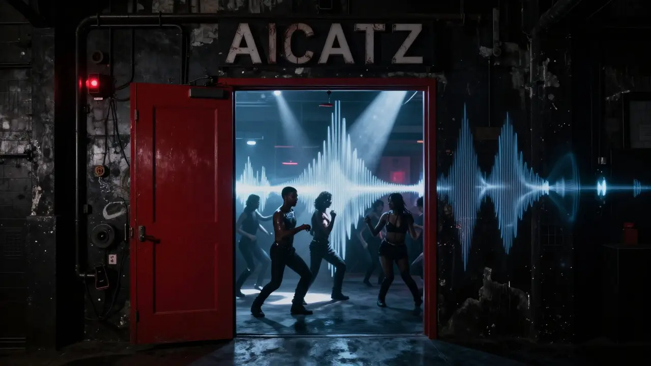 Dark warehouse club with a red door and silhouetted dancers under pulsing lights.